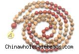 GMN6506 Knotted 8mm, 10mm picture jasper & red jasper 108 beads mala necklace with charm