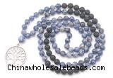 GMN6510 Knotted 8mm, 10mm blue spot stone & black lava 108 beads mala necklace with charm