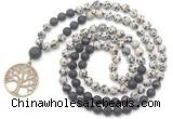 GMN6511 Knotted 8mm, 10mm dalmatian jasper, black lava & garnet 108 beads mala necklace with charm