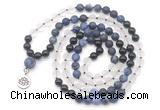 GMN6512 Knotted 8mm, 10mm matte sodalite, white crystal  & black agate 108 beads mala necklace with charm