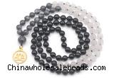 GMN6514 Knotted 8mm, 10mm black labradorite, matte rose quartz  & black agate 108 beads mala necklace with charm