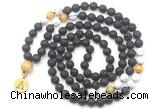 GMN6515 Knotted 8mm, 10mm black lava, matte white howlite & golden tiger eye 108 beads mala necklace with charm