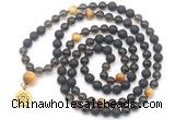 GMN6516 Knotted 8mm, 10mm black lava, smoky quartz & golden tiger eye 108 beads mala necklace with charm