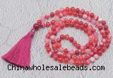 GMN674 Hand-knotted 8mm, 10mm red banded agate 108 beads mala necklaces with tassel