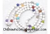 GMN7072 7 Chakra 8mm white howlite 108 mala beads wrap bracelet necklaces