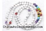 GMN7073 7 Chakra 8mm white howlite 108 mala beads wrap bracelet necklaces