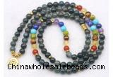 GMN7116 7 Chakra 8mm moss agate 108 mala beads wrap bracelet necklaces