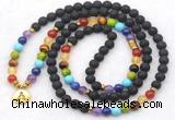 GMN7122 7 Chakra 8mm black lava 108 mala beads wrap bracelet necklaces