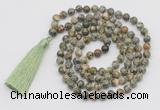 GMN790 Hand-knotted 8mm, 10mm rhyolite 108 beads mala necklace with tassel