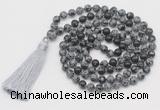 GMN794 Hand-knotted 8mm, 10mm snowflake obsidian 108 beads mala necklace with tassel