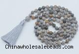 GMN797 Hand-knotted 8mm, 10mm silver needle agate 108 beads mala necklace with tassel