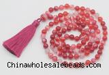 GMN798 Hand-knotted 8mm, 10mm red banded agate 108 beads mala necklace with tassel