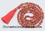 GMN799 Hand-knotted 8mm, 10mm red banded agate 108 beads mala necklace with tassel