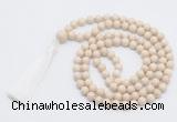 GMN815 Hand-knotted 8mm, 10mm white fossil jasper 108 beads mala necklace with tassel