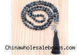 GMN8219 18 - 36 inches 8mm snowflake obsidian 54, 108 beads mala necklace with tassel
