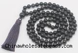 GMN822 Hand-knotted 8mm, 10mm black obsidian 108 beads mala necklace with tassel