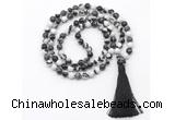 GMN8420 8mm, 10mm black & white jasper 27, 54, 108 beads mala necklace with tassel