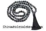 GMN8433 8mm, 10mm matte snowflake obsidian 27, 54, 108 beads mala necklace with tassel