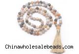 GMN8446 8mm, 10mm matte bamboo leaf agate 27, 54, 108 beads mala necklace with tassel