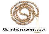 GMN8522 8mm, 10mm picture jasper 27, 54, 108 beads mala necklace with tassel