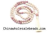 GMN8550 8mm, 10mm white fossil jasper & pink wooden jasper 108 beads mala necklace with tassel