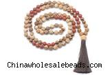 GMN8556 8mm, 10mm matte picture jasper, red jasper & hematite 108 beads mala necklace with tassel