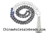GMN8562 8mm, 10mm black labradorite, lapis lazuli & matte white howlite 108 beads mala necklace with tassel