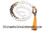 GMN8563 8mm, 10mm matte white howlite & mixed gemstone 108 beads mala necklace with tassel