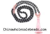 GMN8566 8mm, 10mm matte black agate, black labradorite & rose quartz 108 beads mala necklace with tassel