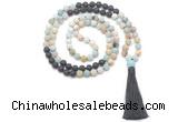 GMN8572 8mm, 10mm matte amazonite & black lava 108 beads mala necklace with tassel