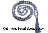 GMN8573 8mm, 10mm blue spot stone & black lava 108 beads mala necklace with tassel