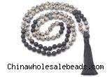 GMN8574 8mm, 10mm dalmatian jasper, black lava & garnet 108 beads mala necklace with tassel