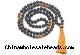 GMN8575 8mm, 10mm black lava & yellow tiger eye 108 beads mala necklace with tassel