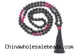 GMN8576 8mm, 10mm black lava & red tiger eye 108 beads mala necklace with tassel