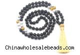 GMN8578 8mm, 10mm black lava, matte white howlite & golden tiger eye 108 beads mala necklace with tassel