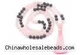 GMN8582 8mm, 10mm rose quartz & garnet 108 beads mala necklace with tassel