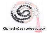 GMN8583 8mm, 10mm black agate, rose quartz & white howlite 108 beads mala necklace with tassel