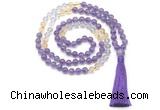 GMN8586 8mm, 10mm amethyst, citrine & white crystal 108 beads mala necklace with tassel