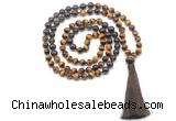 GMN8589 8mm, 10mm yellow tiger eye, smoky quartz & garnet 108 beads mala necklace with tassel