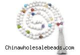 GMN8601 Hand-knotted 7 Chakra 8mm, 10mm white howlite 108 beads mala necklace with tassel