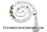 GMN8602 Hand-knotted 7 Chakra 8mm, 10mm white howlite 108 beads mala necklace with tassel