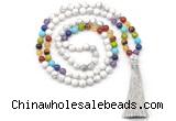 GMN8604 Hand-knotted 7 Chakra 8mm, 10mm white howlite 108 beads mala necklace with tassel