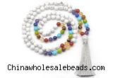 GMN8605 Hand-knotted 7 Chakra 8mm, 10mm white howlite 108 beads mala necklace with tassel