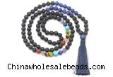 GMN8609 Hand-knotted 7 Chakra 8mm, 10mm black lava & lapis lazuli 108 beads mala necklace with tassel