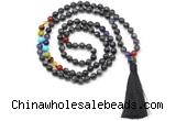 GMN8614 Hand-knotted 7 Chakra 8mm, 10mm black labradorite 108 beads mala necklace with tassel