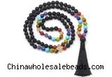 GMN8615 Hand-knotted 7 Chakra 8mm, 10mm black lava 108 beads mala necklace with tassel