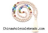 GMN8621 Hand-knotted 7 Chakra 8mm, 10mm white fossil jasper 108 beads mala necklace with tassel