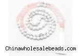 GMN8626 8mm, 10mm matte white howlite & rose quartz 108 beads mala necklace with tassel