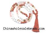 GMN8628 8mm, 10mm matte white howlite, red jasper & cherry quartz 108 beads mala necklace with tassel