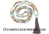 GMN8630 8mm, 10mm matte amazonite, picture jasper & hematite 108 beads mala necklace with tassel